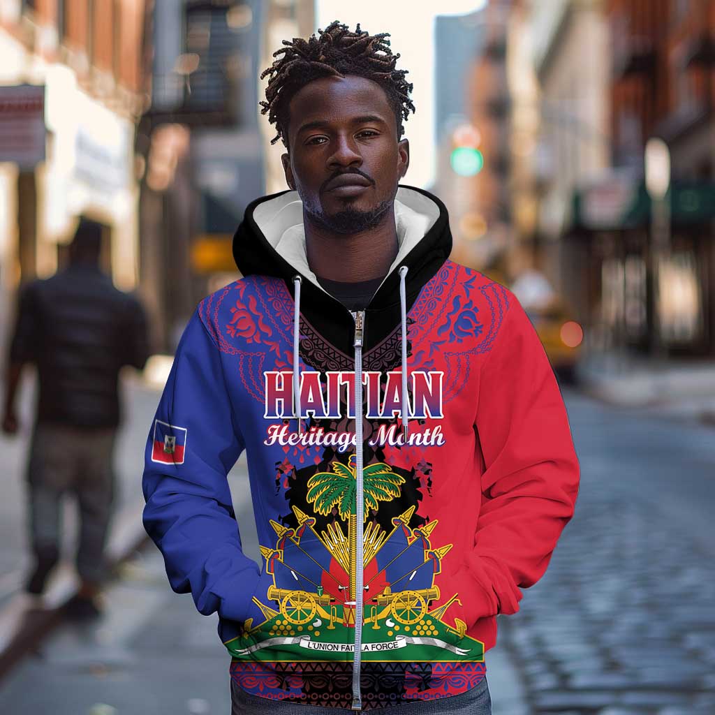 Personalised Haitian Heritage Month Zip Hoodie Coat Of Arms With Dashiki Pattern