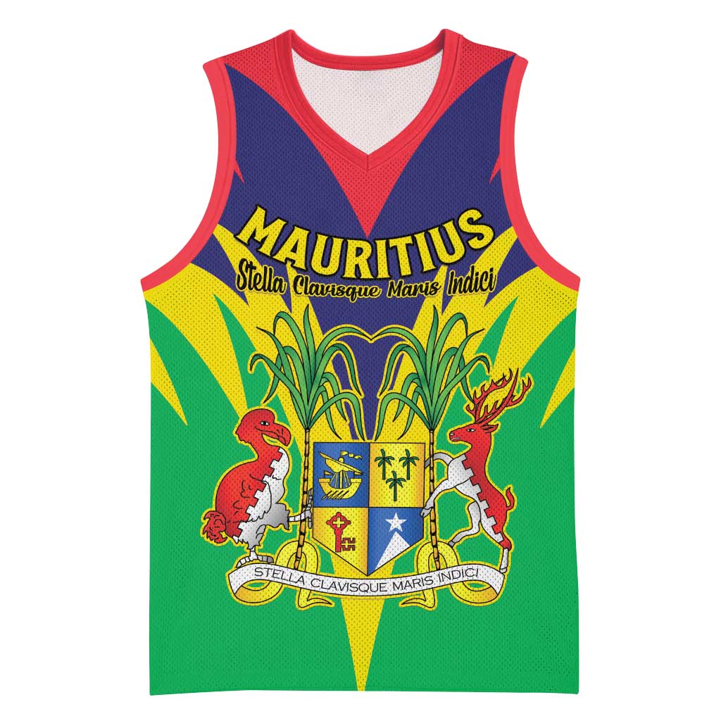 Personalised Republique de Maurice Basketball Jersey Coat Of Arms Flag Style - African Pride