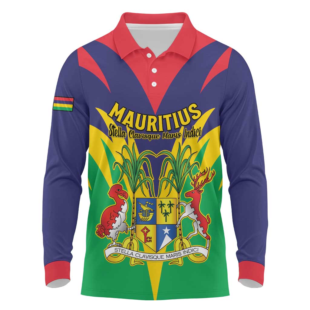 Personalised Republique de Maurice Long Sleeve Polo Shirt Coat Of Arms Flag Style