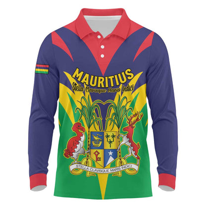 Personalised Republique de Maurice Long Sleeve Polo Shirt Coat Of Arms Flag Style
