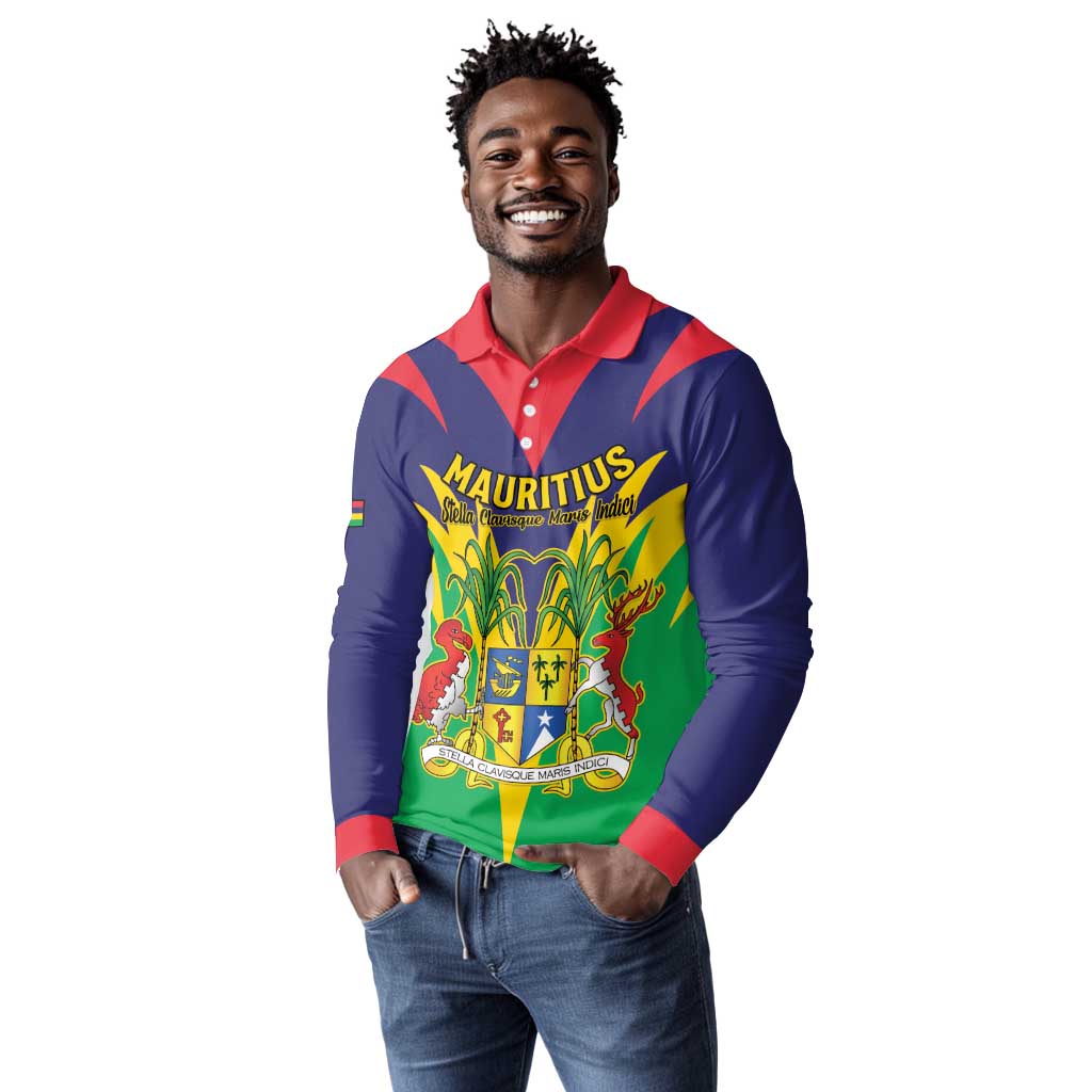 Personalised Republique de Maurice Long Sleeve Polo Shirt Coat Of Arms Flag Style