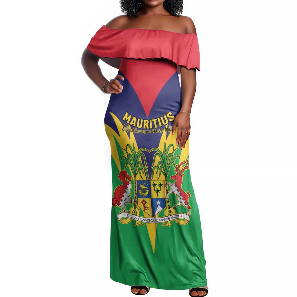 Personalised Republique de Maurice Off Shoulder Maxi Dress Coat Of Arms Flag Style