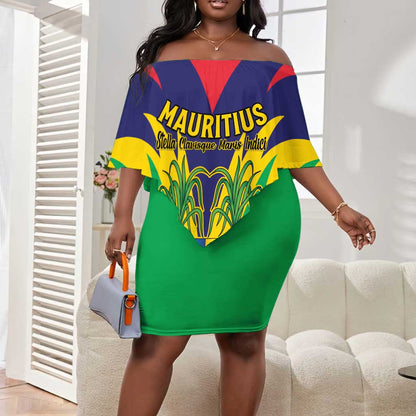 Personalised Republique de Maurice Off Shoulder Short Dress Coat Of Arms Flag Style