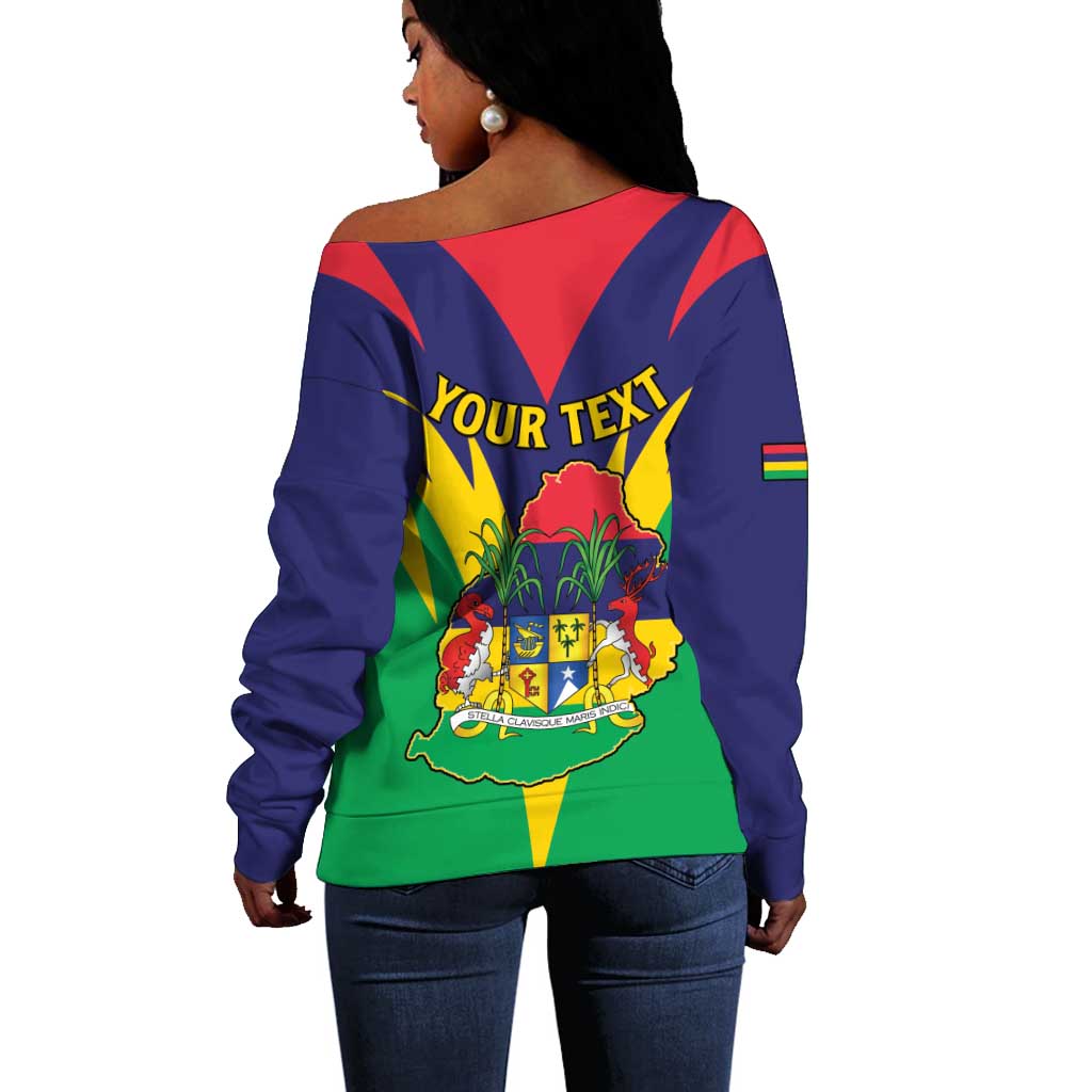 Personalised Republique de Maurice Off Shoulder Sweater Coat Of Arms Flag Style