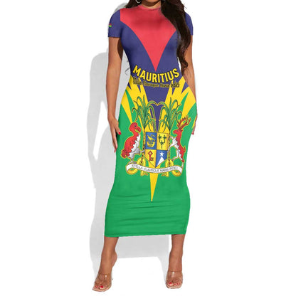 Personalised Republique de Maurice Short Sleeve Bodycon Dress Coat Of Arms Flag Style LT15
