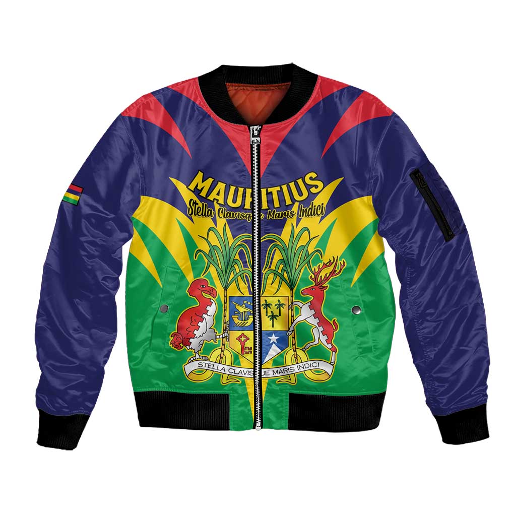 Personalised Republique de Maurice Sleeve Zip Bomber Jacket Coat Of Arms Flag Style