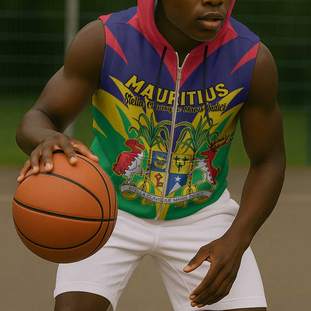 Personalised Republique de Maurice Sleeveless Zip Hoodie Coat Of Arms Flag Style - African Pride