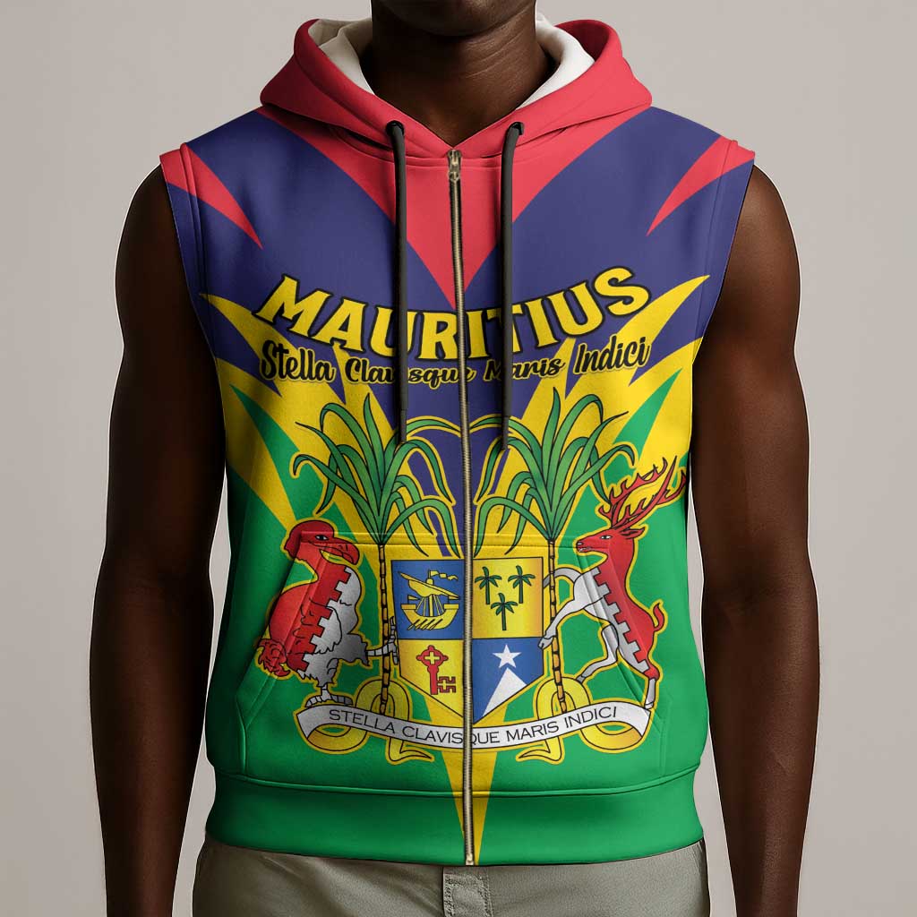 Personalised Republique de Maurice Sleeveless Zip Hoodie Coat Of Arms Flag Style - African Pride