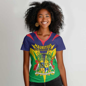 Personalised Republique de Maurice Women V-Neck T-Shirt Coat Of Arms Flag Style