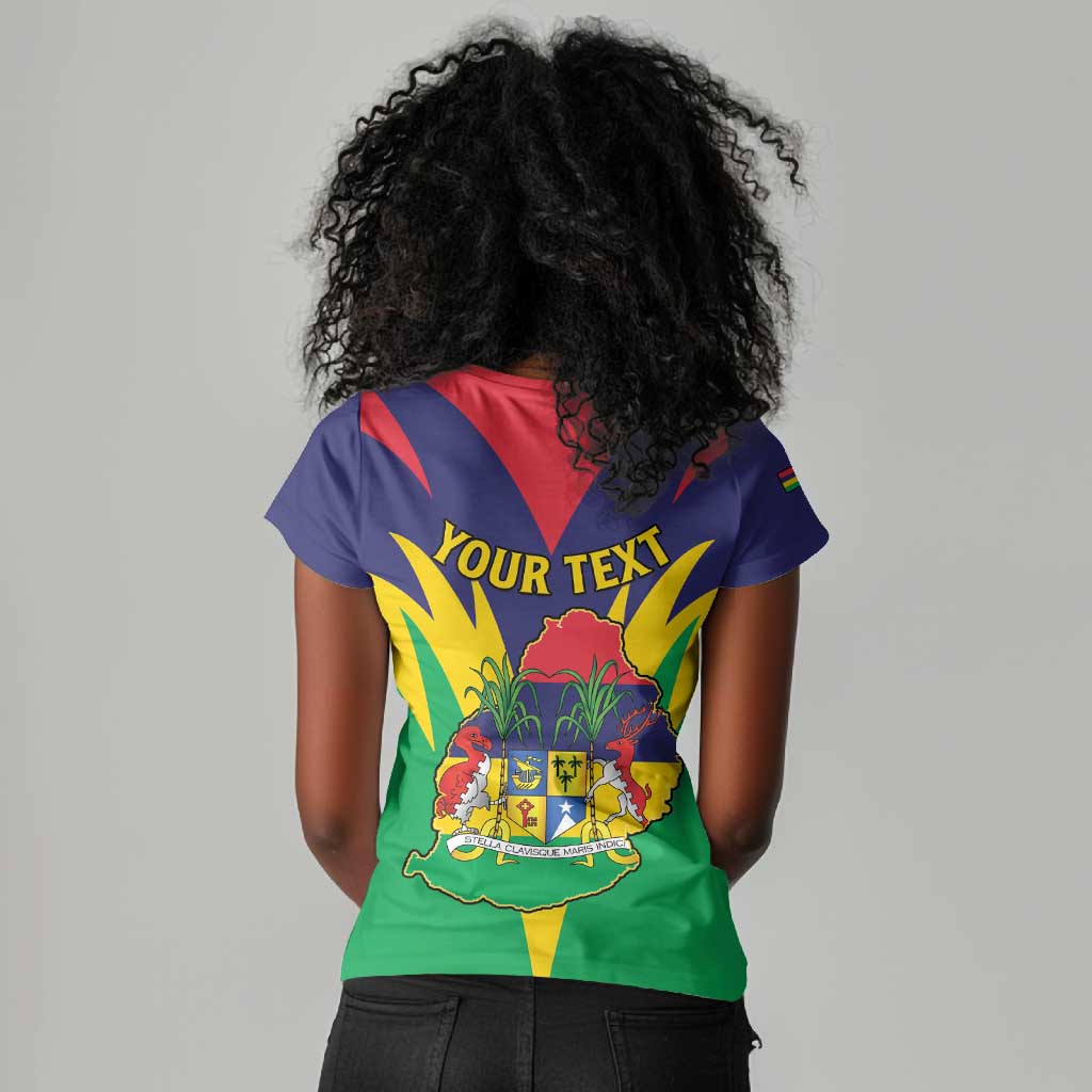 Personalised Republique de Maurice Women V-Neck T-Shirt Coat Of Arms Flag Style