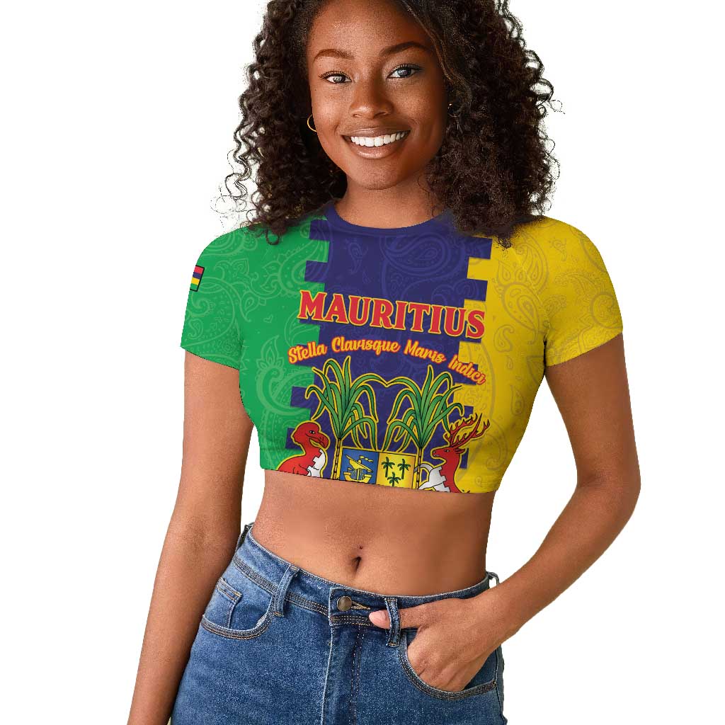 Personalised Republique de Maurice Raglan Cropped T shirt Stella Clavisque Maris Indici