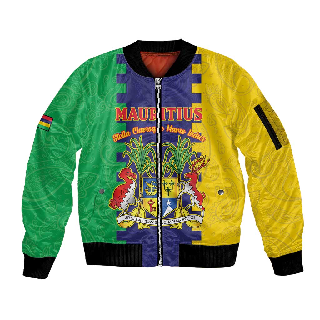 Personalised Republique de Maurice Sleeve Zip Bomber Jacket Stella Clavisque Maris Indici