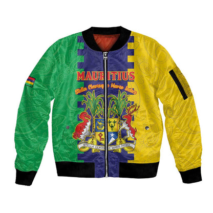 Personalised Republique de Maurice Sleeve Zip Bomber Jacket Stella Clavisque Maris Indici