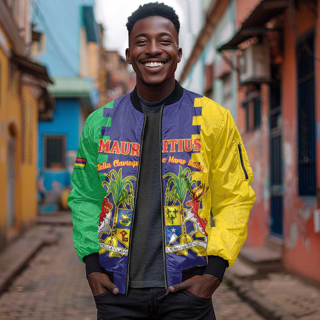 Personalised Republique de Maurice Sleeve Zip Bomber Jacket Stella Clavisque Maris Indici