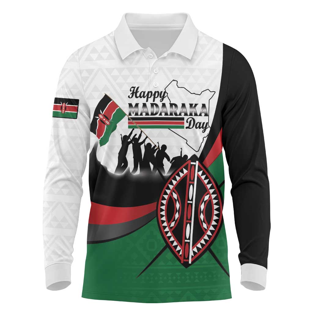 Personalised Kenya Long Sleeve Polo Shirt Madaraka Day - Maasai Shield
