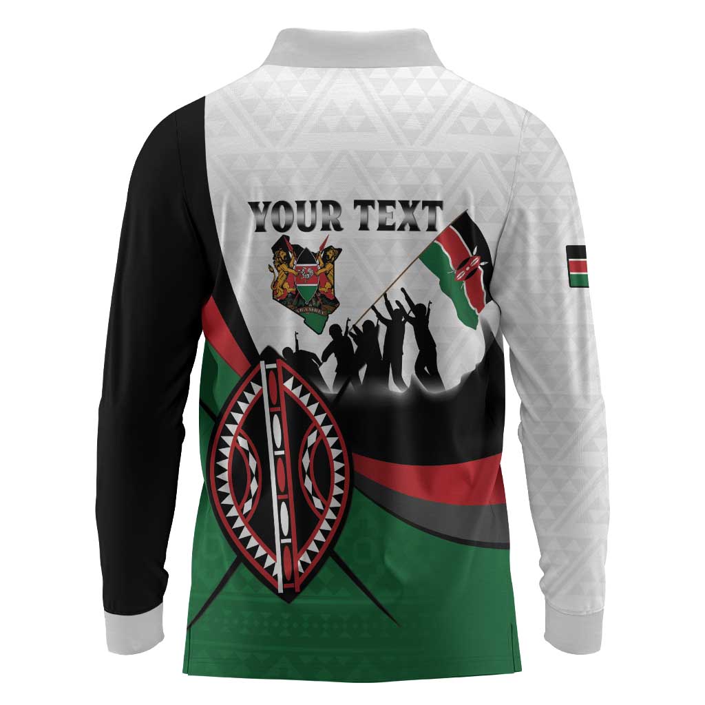 Personalised Kenya Long Sleeve Polo Shirt Madaraka Day - Maasai Shield