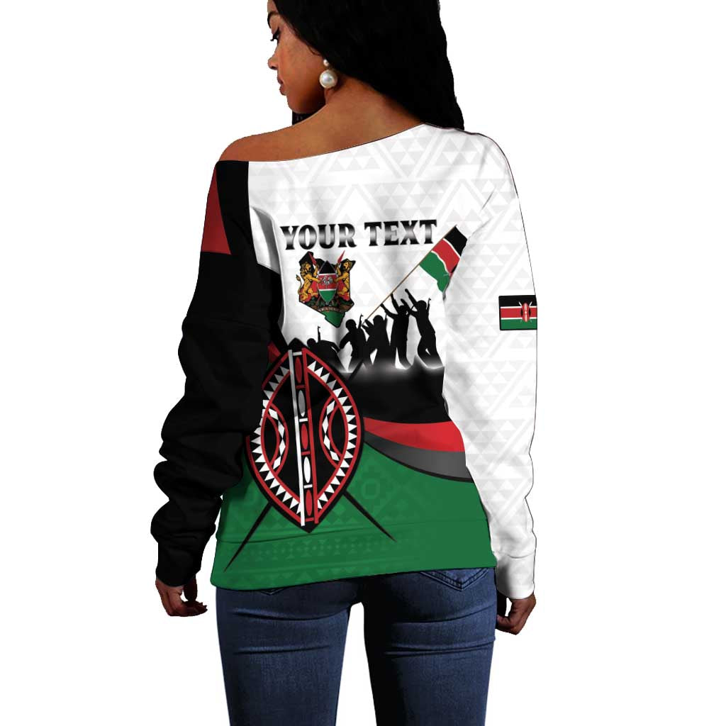 Personalised Kenya Off Shoulder Sweater Madaraka Day - Maasai Shield