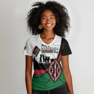 Personalised Kenya Women V-Neck T-Shirt Madaraka Day - Maasai Shield