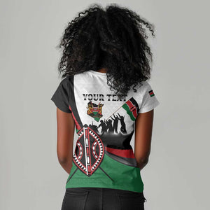 Personalised Kenya Women V-Neck T-Shirt Madaraka Day - Maasai Shield