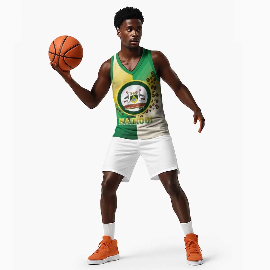 Personalised Nairobi Kenya Basketball Jersey Coat Of Arms With Coffee - African Pride