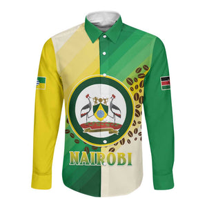 Personalised Nairobi Kenya Long Sleeve Button Shirt Coat Of Arms With Coffee