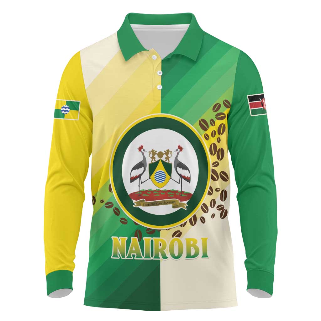 Personalised Nairobi Kenya Long Sleeve Polo Shirt Coat Of Arms With Coffee
