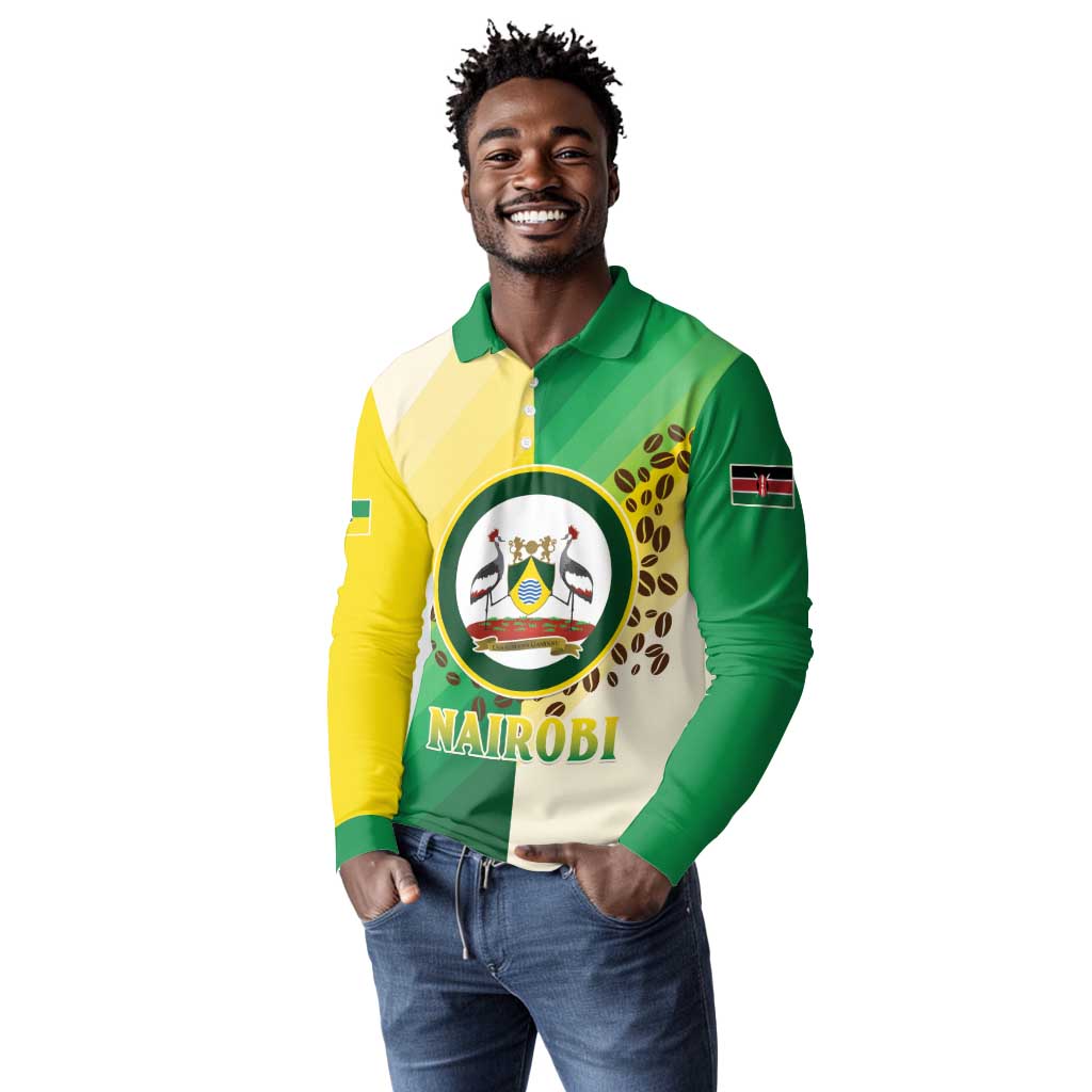 Personalised Nairobi Kenya Long Sleeve Polo Shirt Coat Of Arms With Coffee