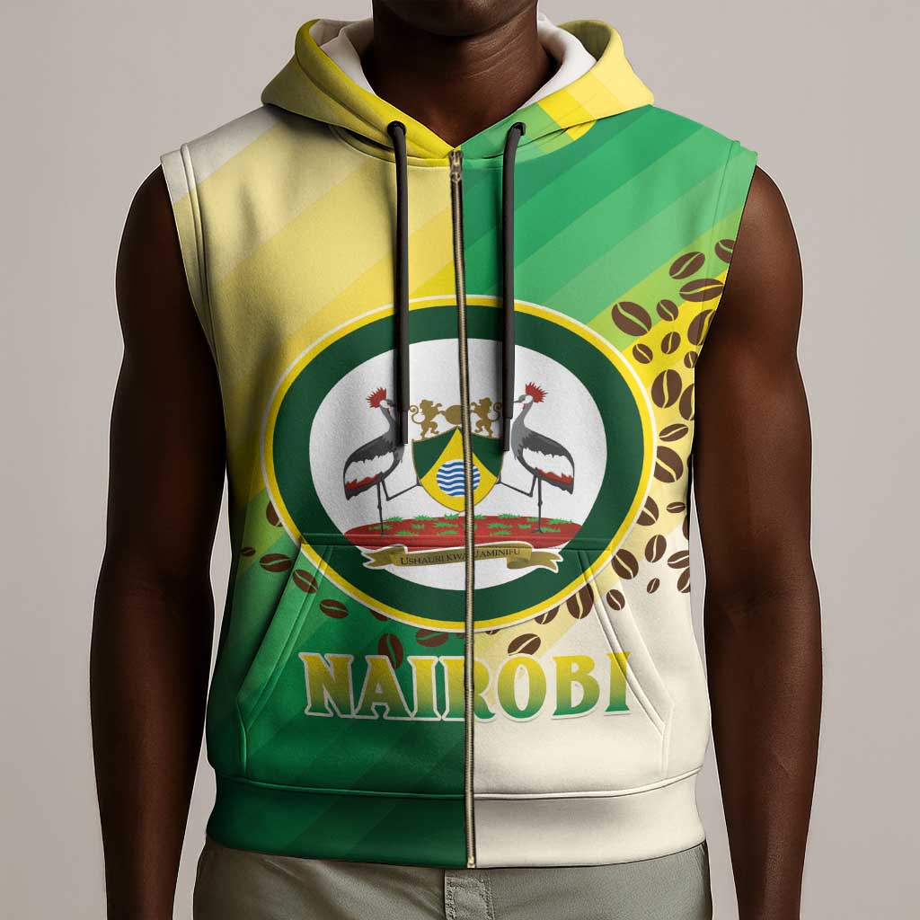 Personalised Nairobi Kenya Sleeveless Zip Hoodie Coat Of Arms With Coffee - African Pride