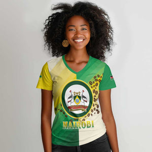 Personalised Nairobi Kenya Women V-Neck T-Shirt Coat Of Arms With Coffee