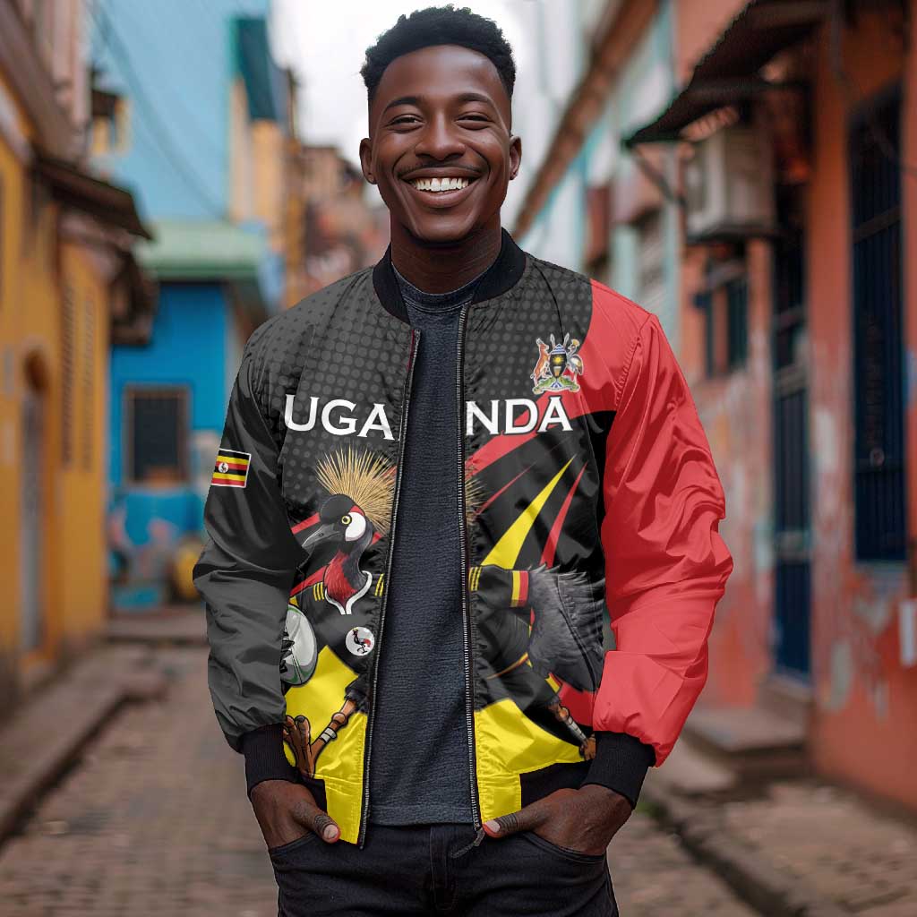Jamhuri ya Uganda Rugby Custom Bomber Jacket With Black Crowned Crane Mascot
