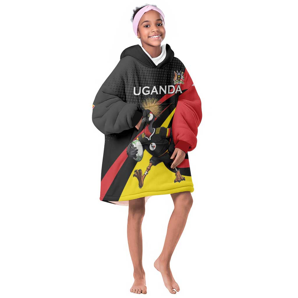 Jamhuri ya Uganda Rugby Custom Kid Wearable Blanket Hoodie With Black Crowned Crane Mascot