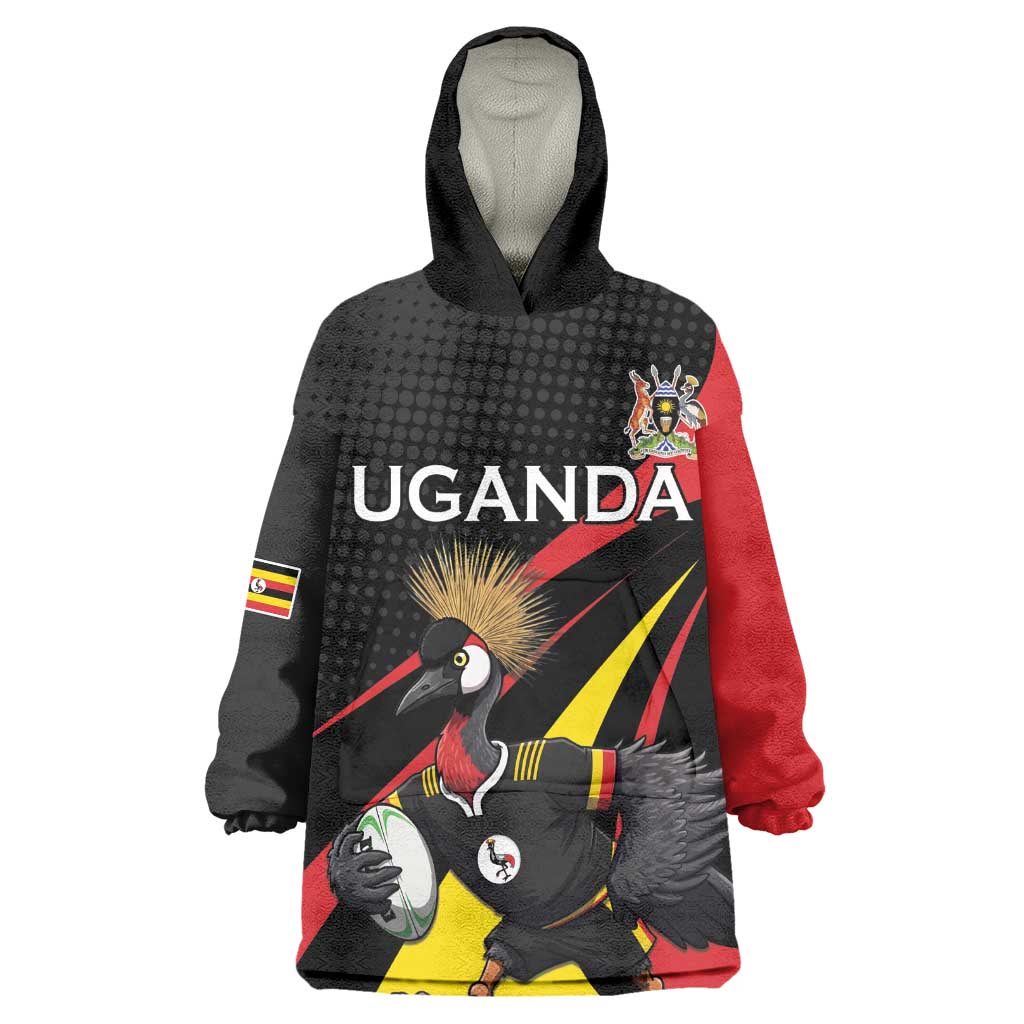 Jamhuri ya Uganda Rugby Custom Kid Wearable Blanket Hoodie With Black Crowned Crane Mascot