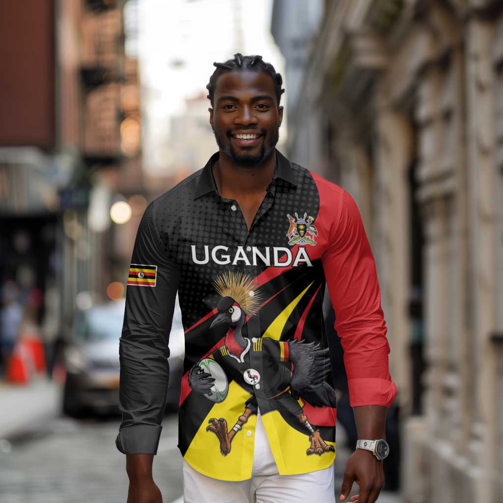 Jamhuri ya Uganda Rugby Custom Long Sleeve Button Shirt With Black Crowned Crane Mascot
