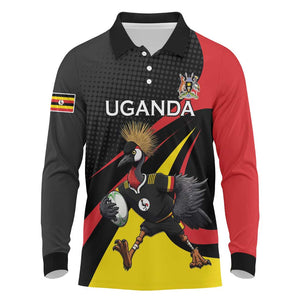 Jamhuri ya Uganda Rugby Custom Long Sleeve Polo Shirt With Black Crowned Crane Mascot