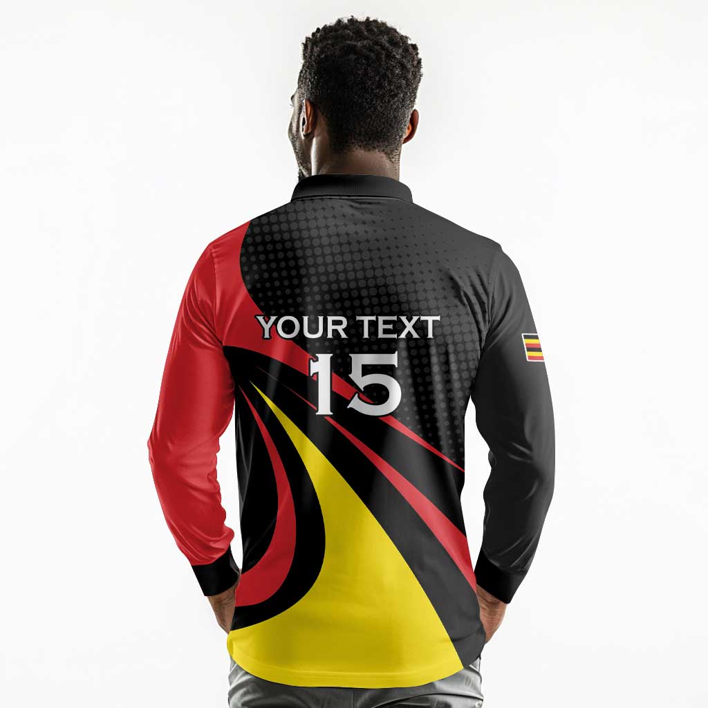 Jamhuri ya Uganda Rugby Custom Long Sleeve Polo Shirt With Black Crowned Crane Mascot