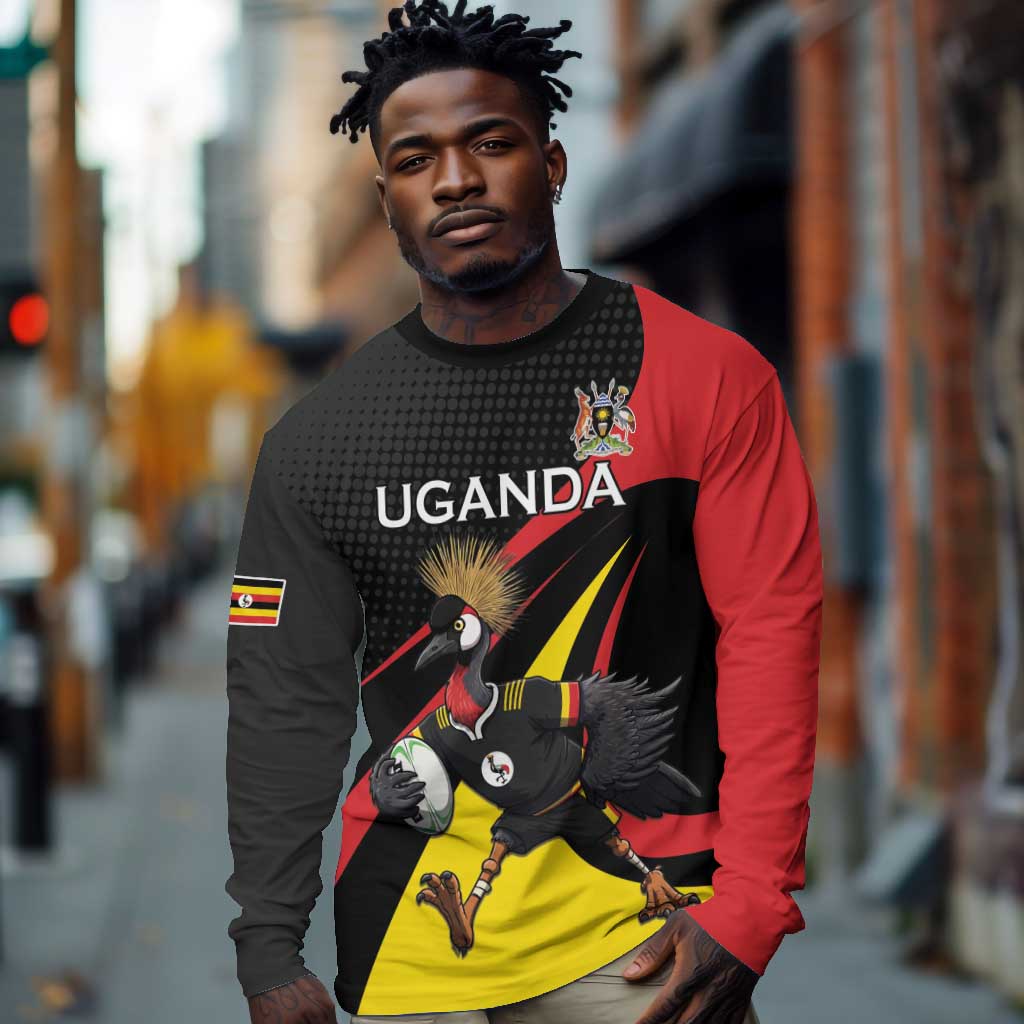 Jamhuri ya Uganda Rugby Custom Long Sleeve Shirt With Black Crowned Crane Mascot