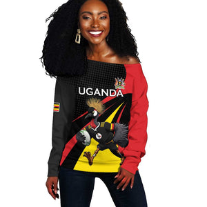 Jamhuri ya Uganda Rugby Custom Off Shoulder Sweater With Black Crowned Crane Mascot
