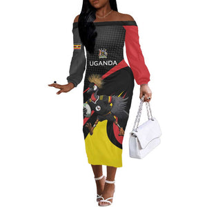 Jamhuri ya Uganda Rugby Custom Off The Shoulder Long Sleeve Dress With Black Crowned Crane Mascot