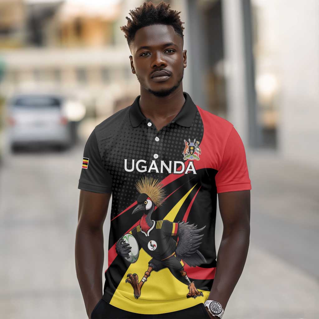 Jamhuri ya Uganda Rugby Custom Polo Shirt With Black Crowned Crane Mascot