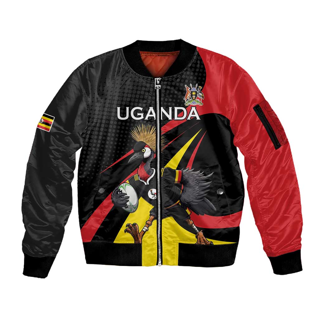 Jamhuri ya Uganda Rugby Custom Sleeve Zip Bomber Jacket With Black Crowned Crane Mascot