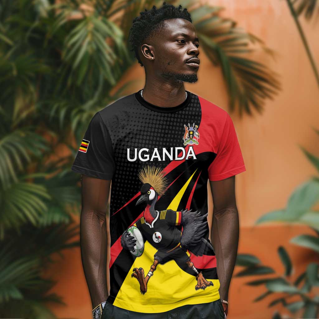 Jamhuri ya Uganda Rugby Custom T shirt With Black Crowned Crane Mascot