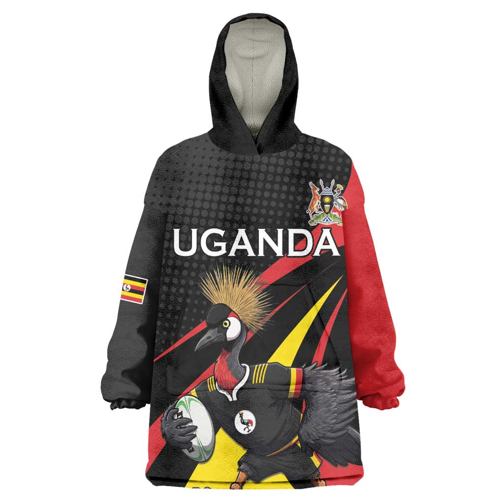 Jamhuri ya Uganda Rugby Custom Wearable Blanket Hoodie With Black Crowned Crane Mascot