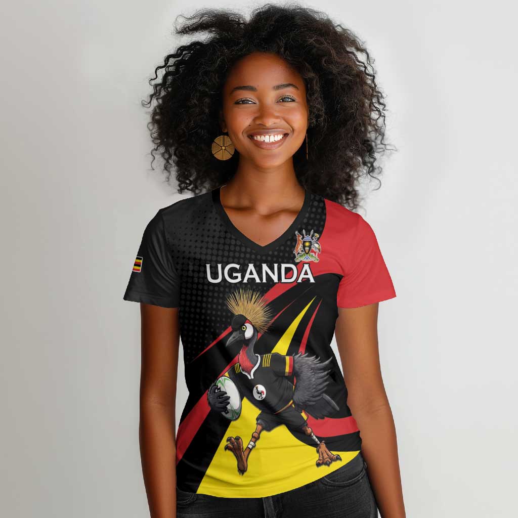 Jamhuri ya Uganda Rugby Custom Women V-Neck T-Shirt With Black Crowned Crane Mascot