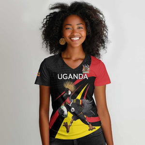 Jamhuri ya Uganda Rugby Custom Women V-Neck T-Shirt With Black Crowned Crane Mascot