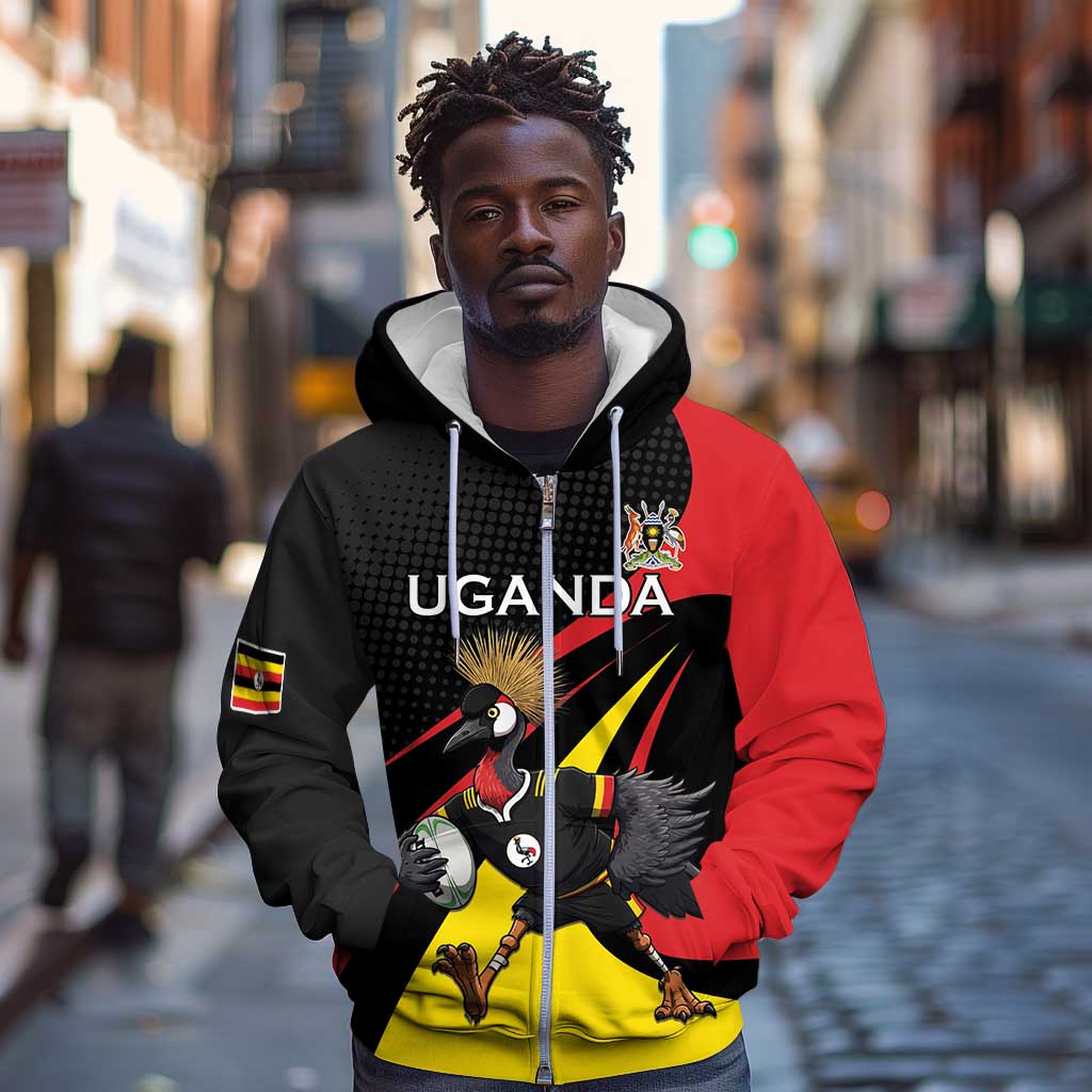 Jamhuri ya Uganda Rugby Custom Zip Hoodie With Black Crowned Crane Mascot