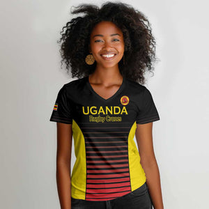 Jamhuri ya Uganda Rugby Custom Women V-Neck T-Shirt Go Champions Cranes