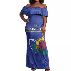 Namibia Rugby Custom Off Shoulder Maxi Dress African Fish Eagle - Flag Colors