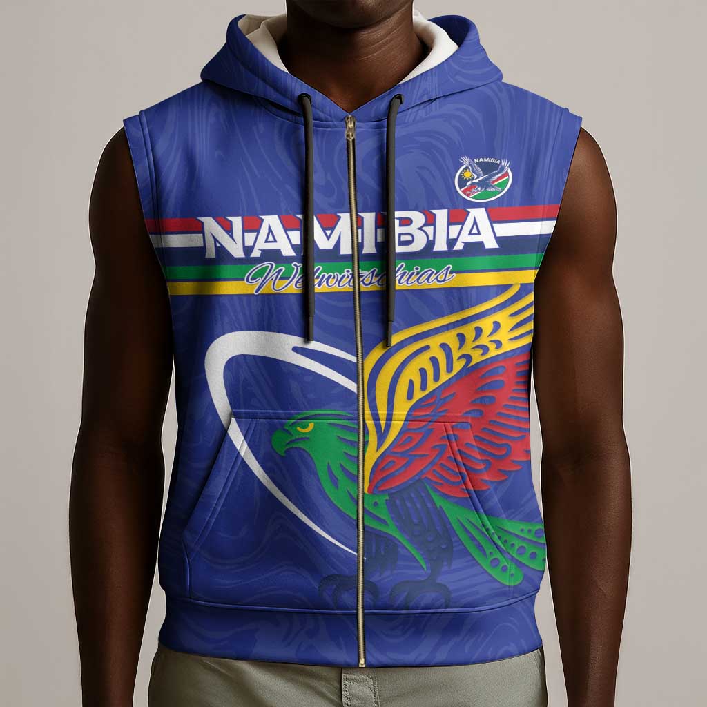 Namibia Rugby Custom Sleeveless Zip Hoodie African Fish Eagle - Flag Colors - African Pride