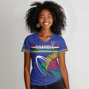 Namibia Rugby Custom Women V-Neck T-Shirt African Fish Eagle - Flag Colors