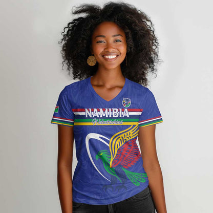 Namibia Rugby Custom Women V-Neck T-Shirt African Fish Eagle - Flag Colors